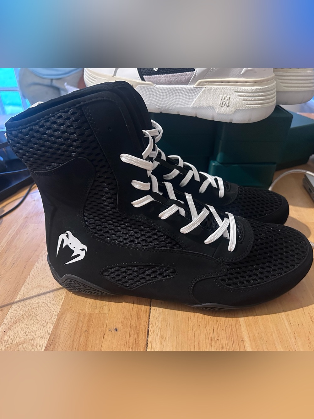 Venom 2.0 Black Mesh High-Top Boxing Shoes with White Laces